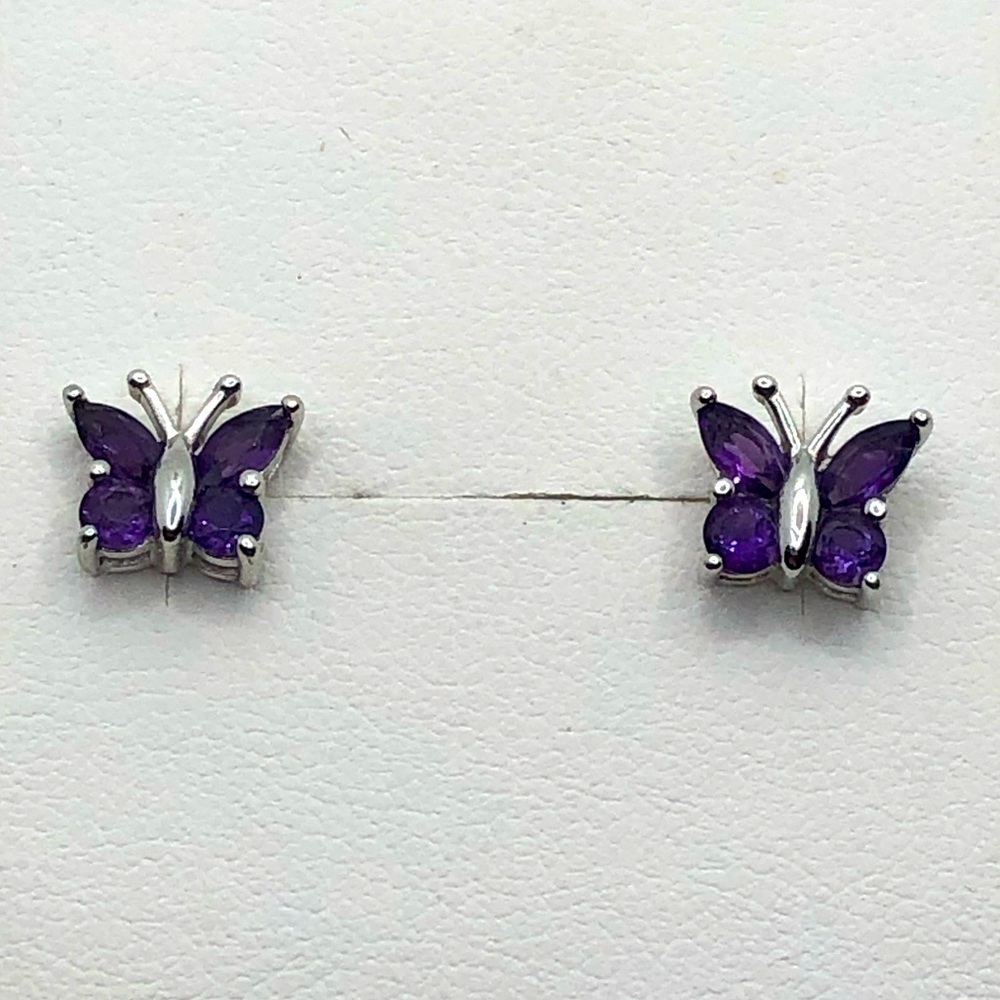 Vtg Sterling & Amethyst Butterfly Stud Earrings 9mm